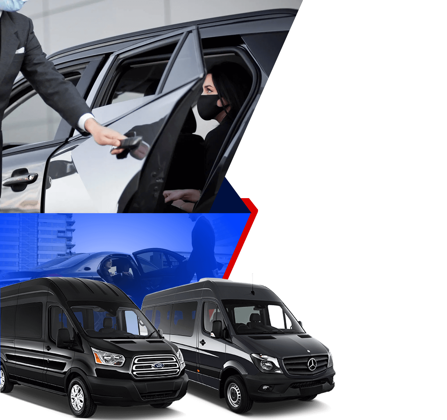 A collage of two pictures with a man in a suit and a van.